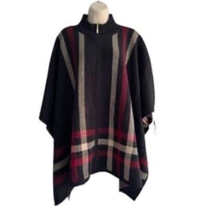 Evan Picone Black and Burgundy Striped Poncho